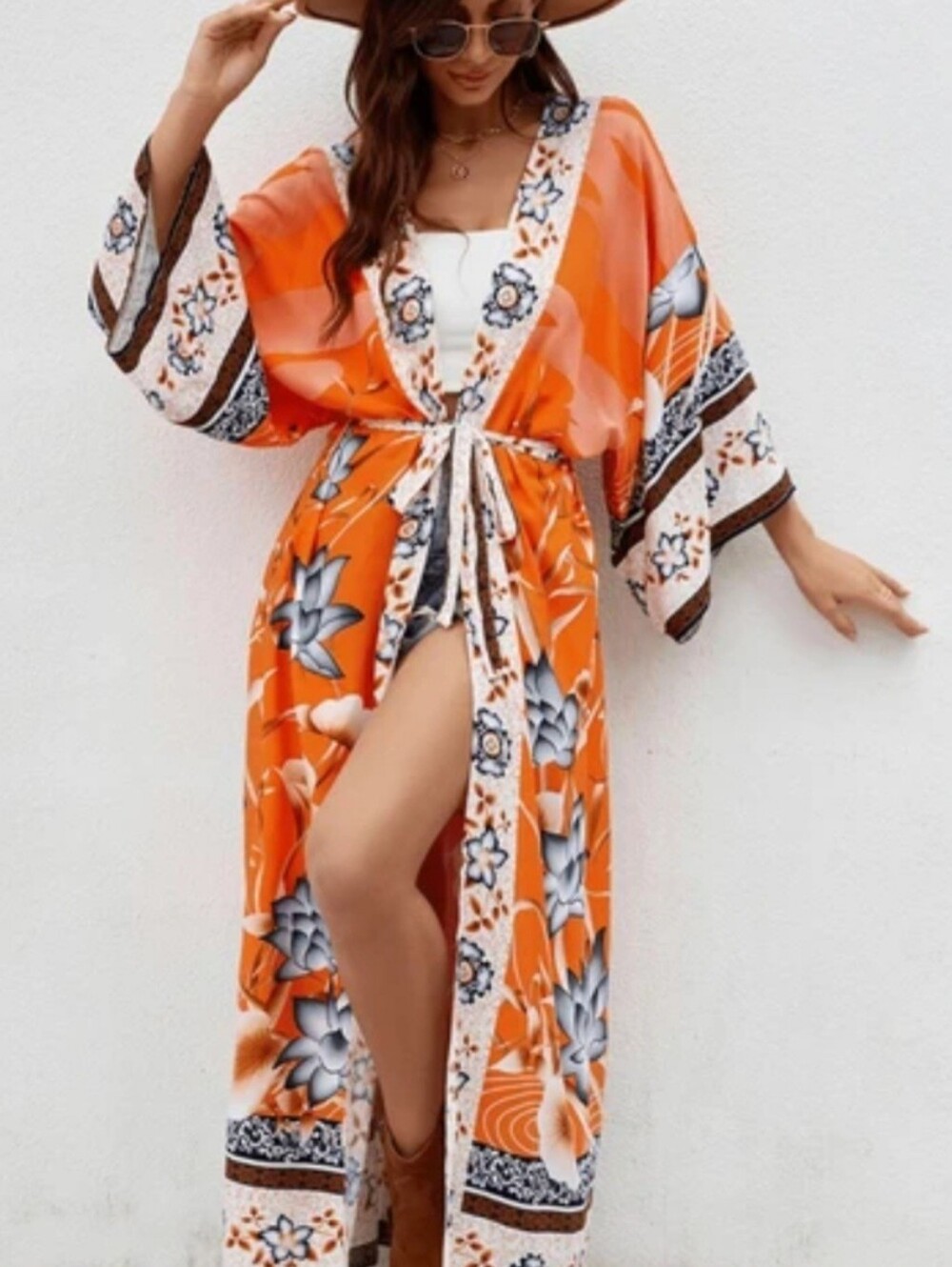 Vibrant Orange Kimono Robe Features Striking Floral Crane Print Intricate Trim